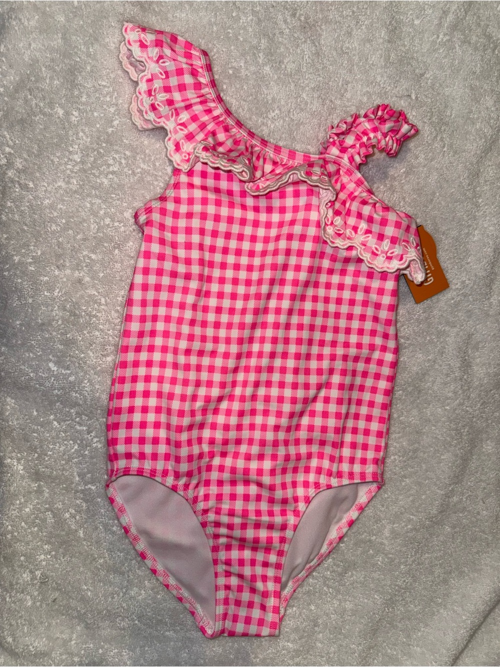 Pink Gingham One-Shoulder Ruffle Girls Swimsuit